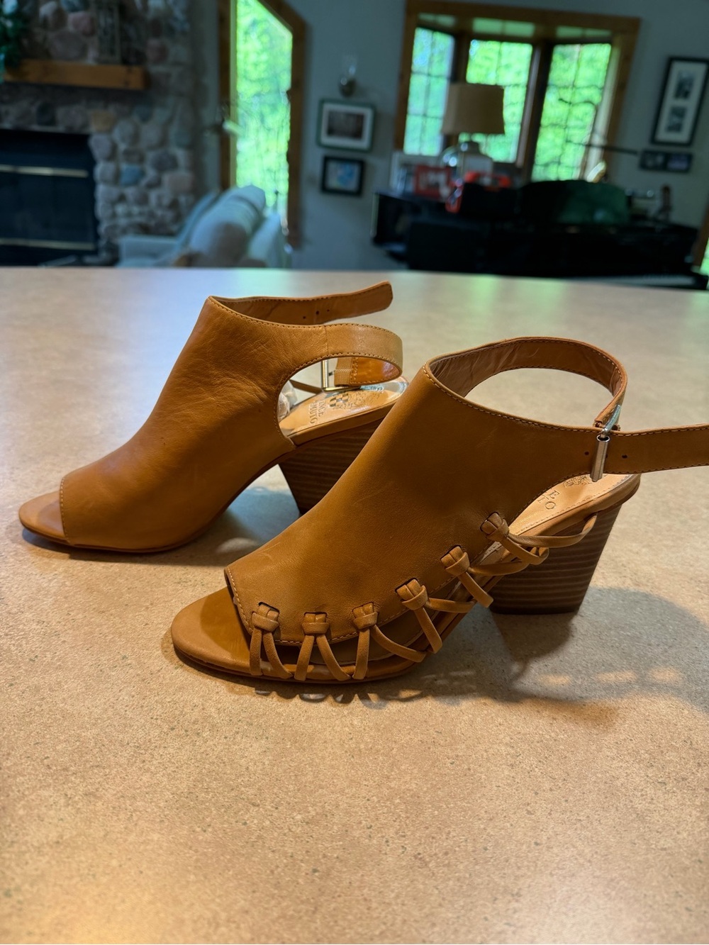 Vince Camuto Cognac Brown Open-Toe Slingback Block Heel Sandals